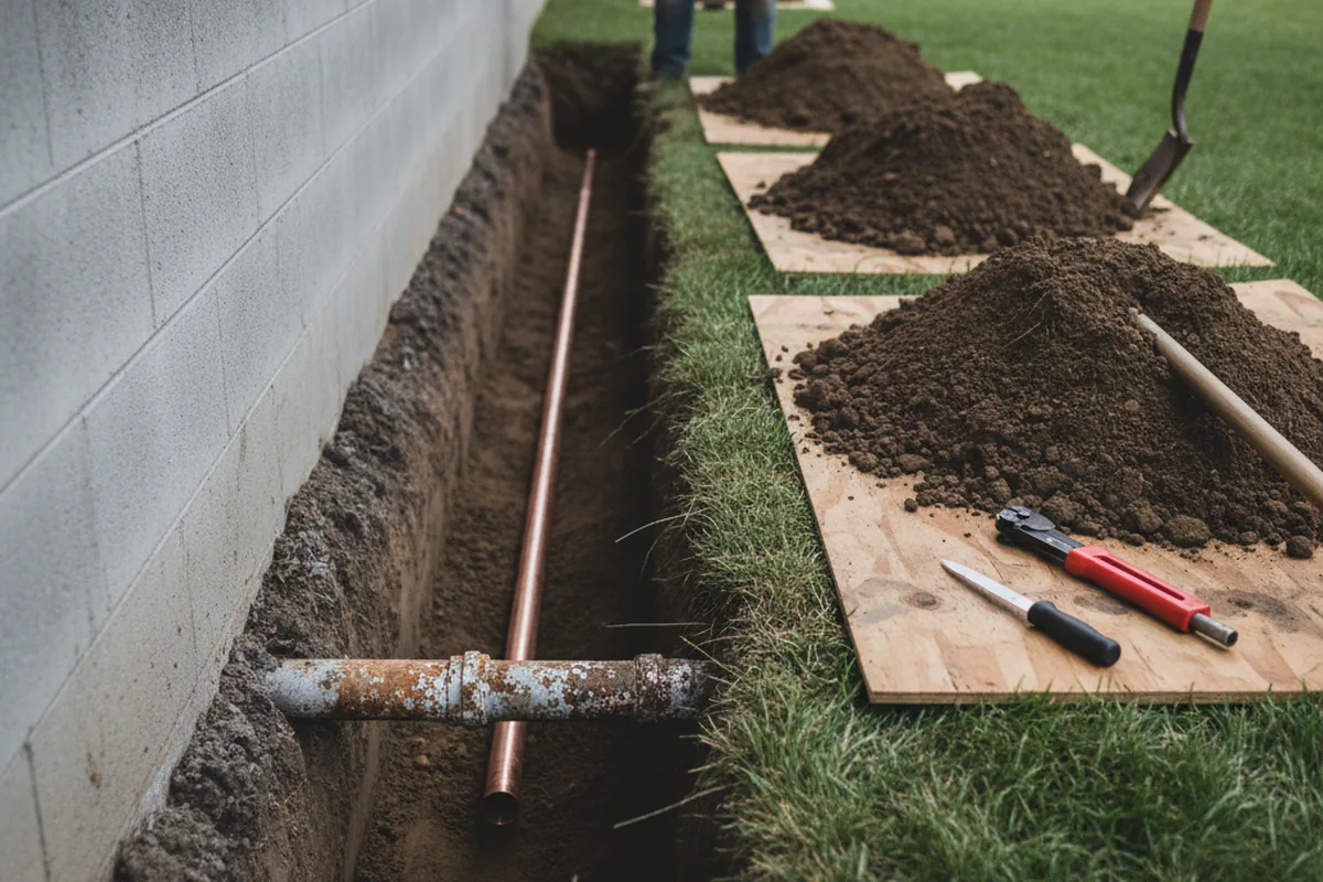 Excavated water line trench during Water Softener Installation in Sandy